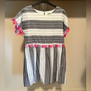 Savanna Jane Gray and White Striped Mini Dress with Colorful Tassels